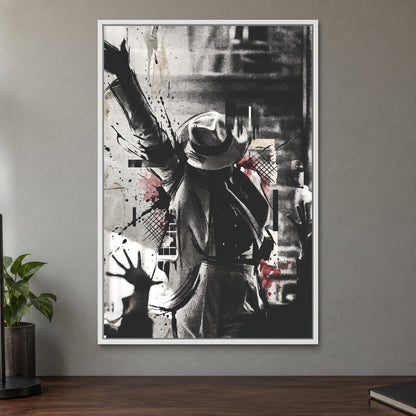 Michael Jackson Stage Pose framed canvas in a white floating frame on a taupe wall above a dark walnut sideboard with a potted plant
