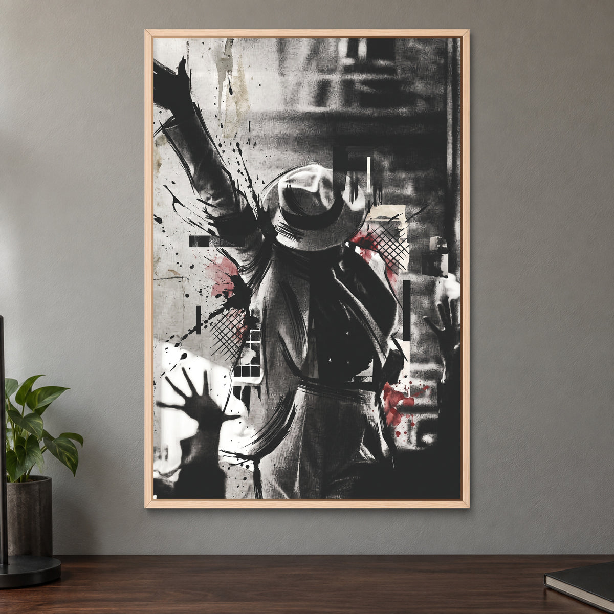 Michael Jackson Stage Pose framed canvas in a natural wood floating frame on a taupe wall above a dark walnut sideboard with a potted plant