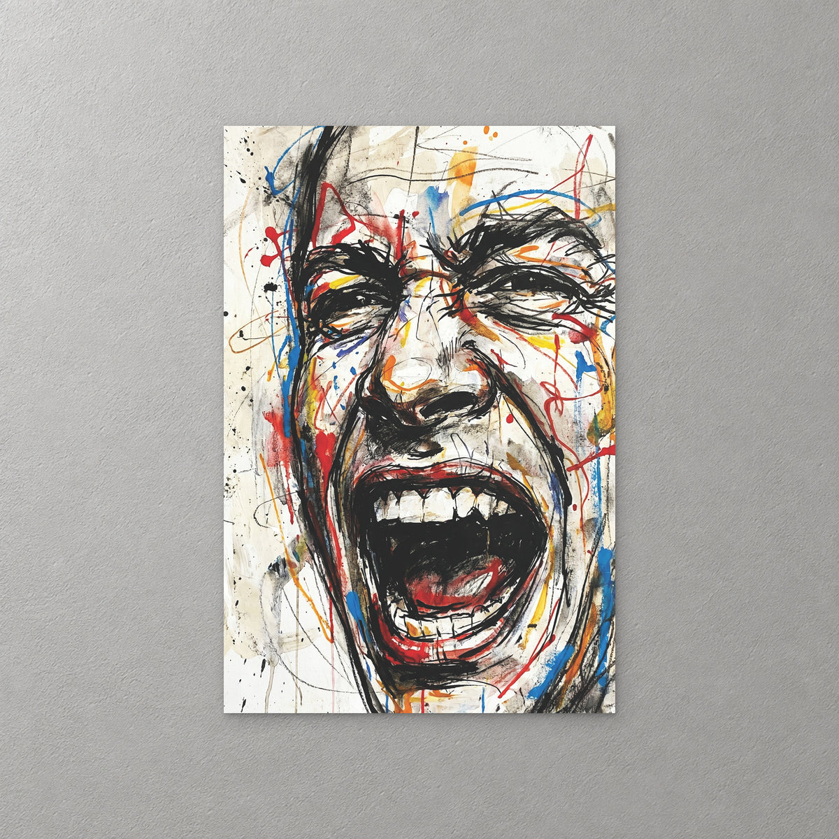 A screaming face with eyes squeezed shut and mouth wide open, drawn in heavy black lines with streaks of red, blue and yellow and paint drips — canvas wall art print