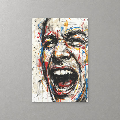A screaming face with eyes squeezed shut and mouth wide open, drawn in heavy black lines with streaks of red, blue and yellow and paint drips — canvas wall art print
