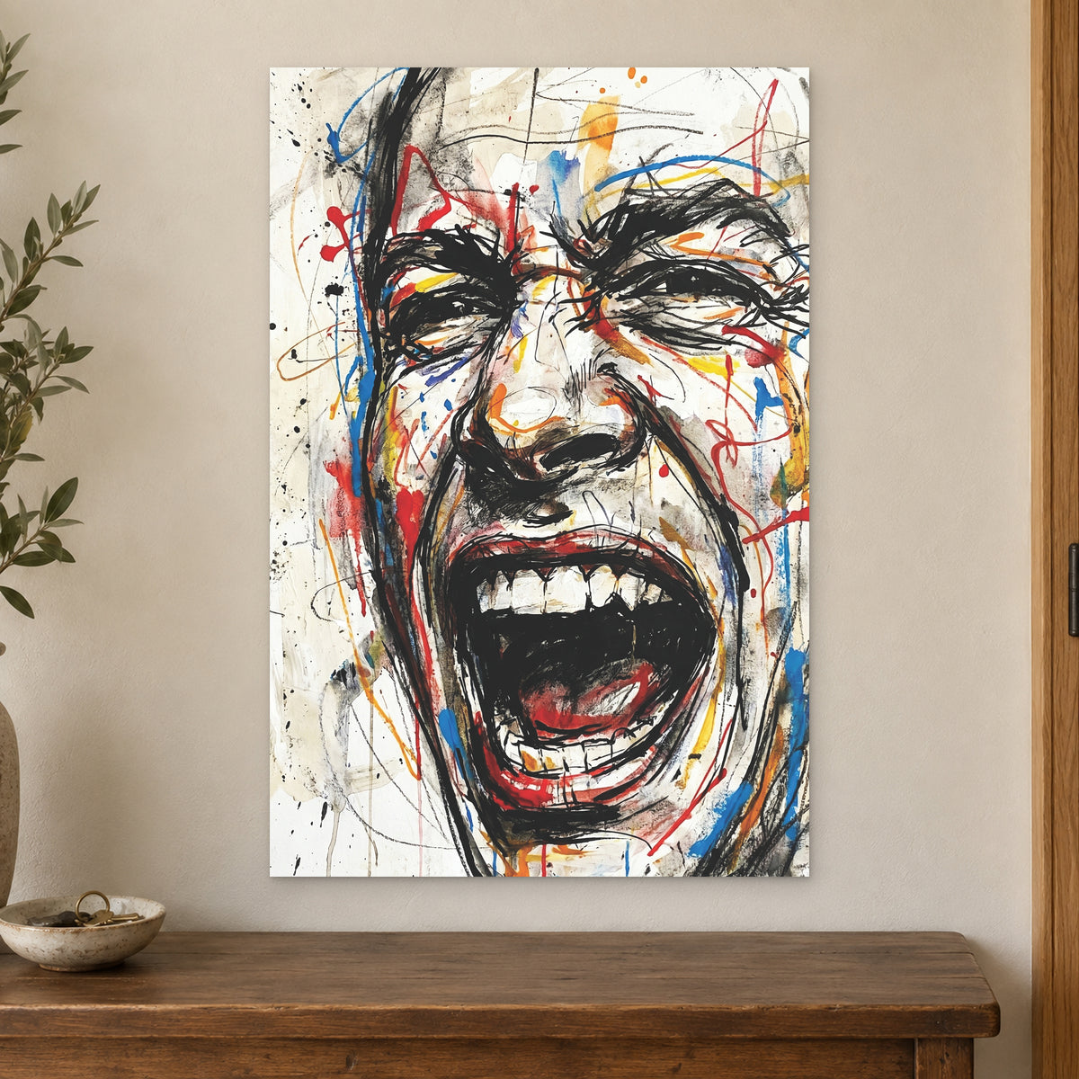 Screaming Face Ink Sketch canvas wall art on a cream wall above a wooden sideboard beside a door frame