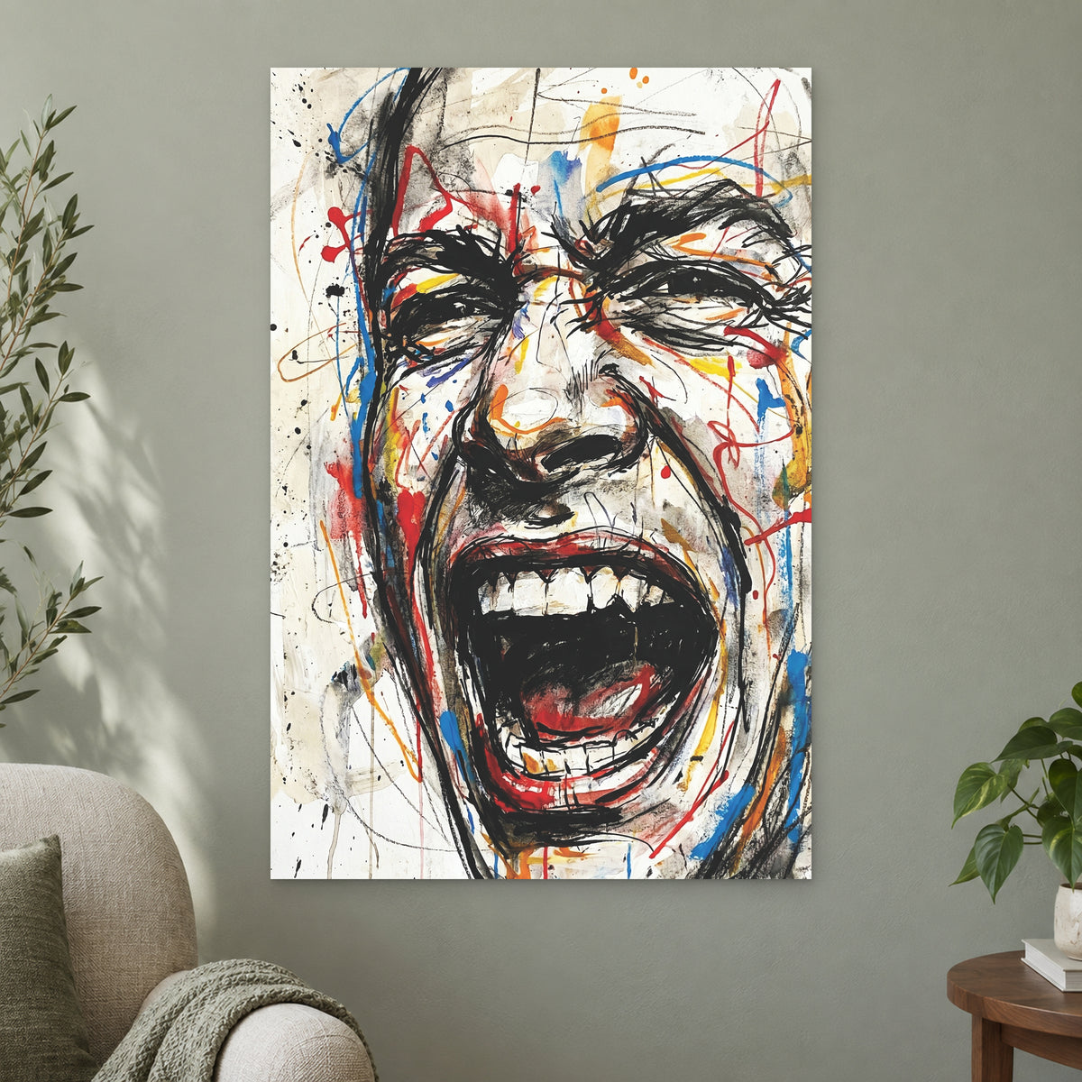 Screaming Face Ink Sketch canvas wall art on a sage green wall beside a cream armchair
