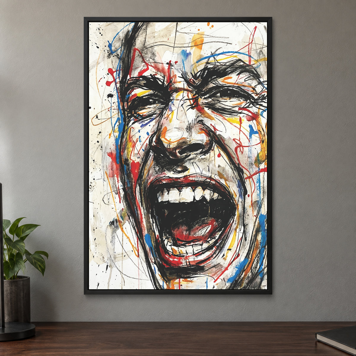 Screaming Face Ink Sketch framed canvas in a black floating frame on a taupe wall above a dark walnut sideboard with a potted plant