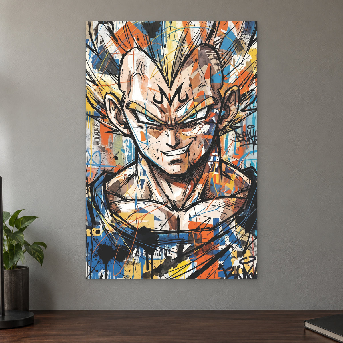 Vegeta Anime Graffiti canvas wall art on a taupe wall above a dark walnut sideboard with a potted plant