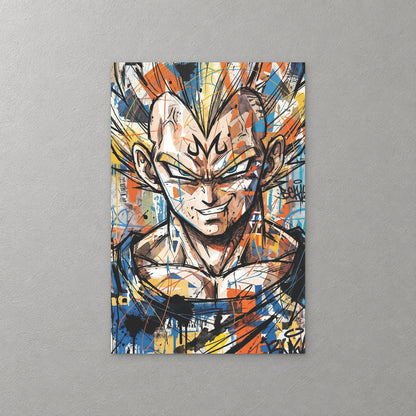 Vegeta grins out from a wall of graffiti, his spiky hair and armour broken up by blocks of orange, blue, yellow and black drips — canvas wall art print