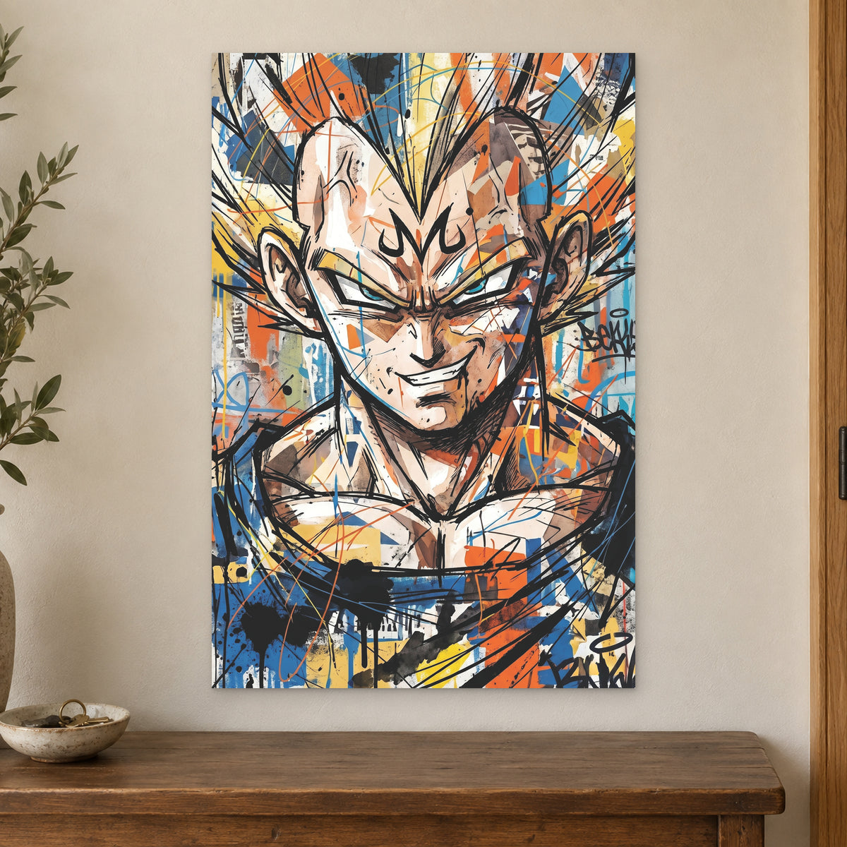 Vegeta Anime Graffiti canvas wall art on a cream wall above a wooden sideboard beside a door frame