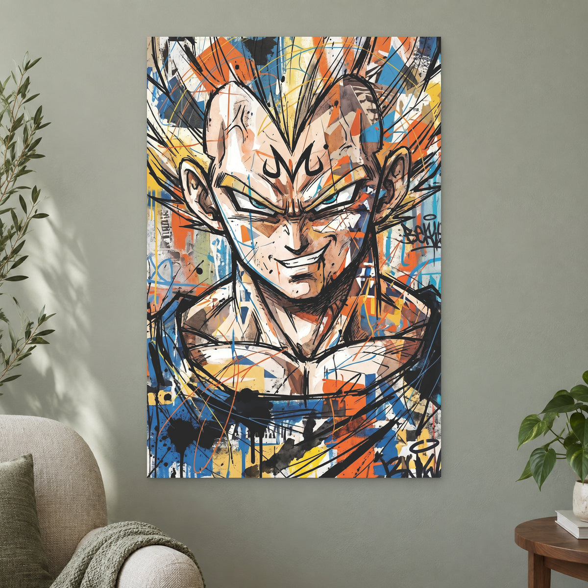 Vegeta Anime Graffiti canvas wall art on a sage green wall beside a cream armchair