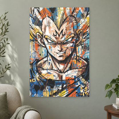 Vegeta Anime Graffiti canvas wall art on a sage green wall beside a cream armchair