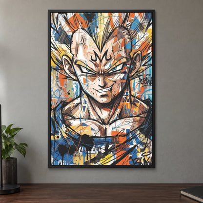 Vegeta Anime Graffiti framed canvas in a black floating frame on a taupe wall above a dark walnut sideboard with a potted plant