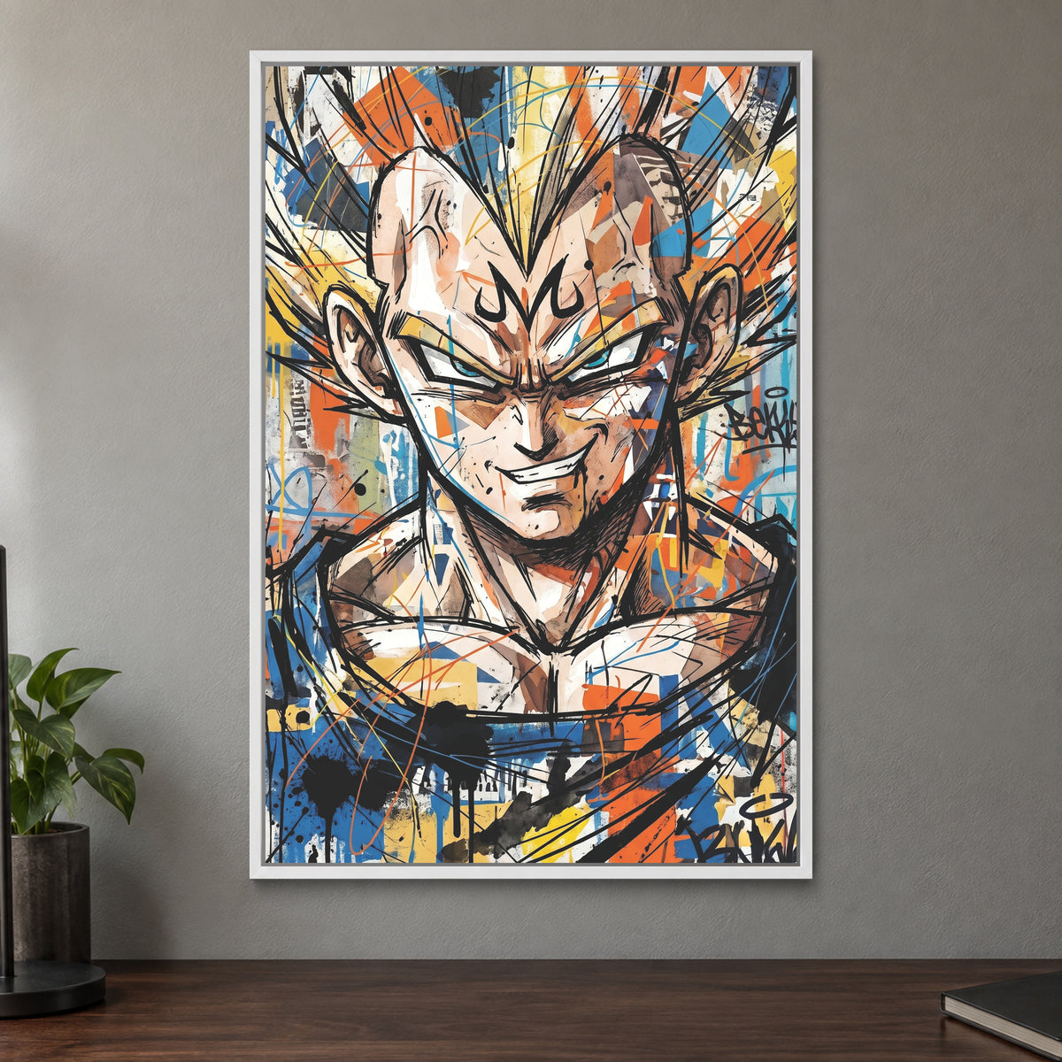 Vegeta Anime Graffiti framed canvas in a white floating frame on a taupe wall above a dark walnut sideboard with a potted plant