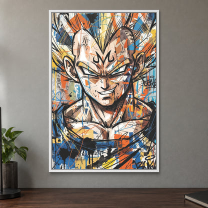 Vegeta Anime Graffiti framed canvas in a white floating frame on a taupe wall above a dark walnut sideboard with a potted plant