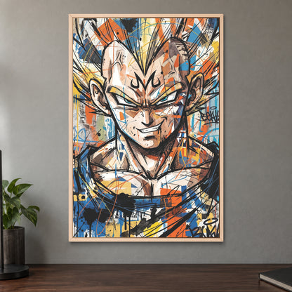 Vegeta Anime Graffiti framed canvas in a natural wood floating frame on a taupe wall above a dark walnut sideboard with a potted plant