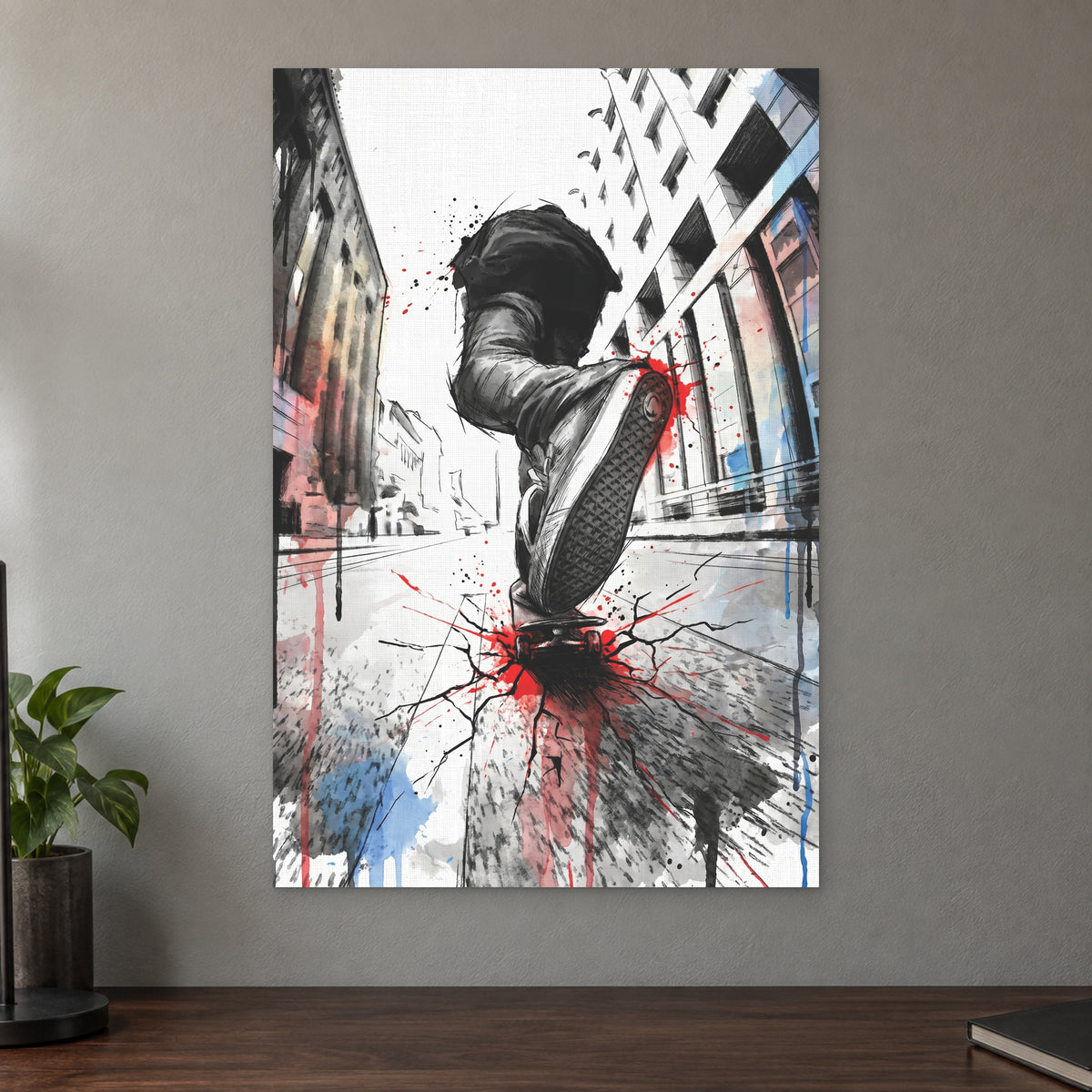 Skateboard Street Trick canvas wall art on a taupe wall above a dark walnut sideboard with a potted plant