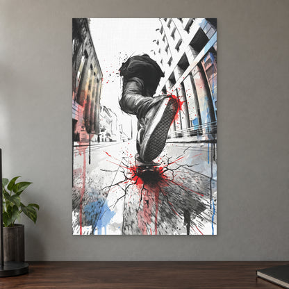 Skateboard Street Trick canvas wall art on a taupe wall above a dark walnut sideboard with a potted plant
