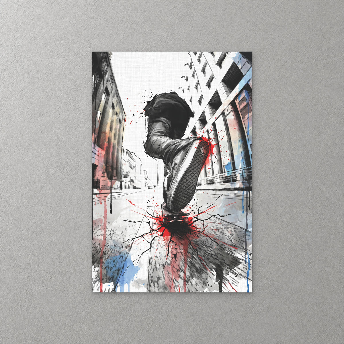 A skateboarder seen from below lands a trick on a city street, the sneaker sole close up and the pavement cracking in red and black splatter — canvas wall art print