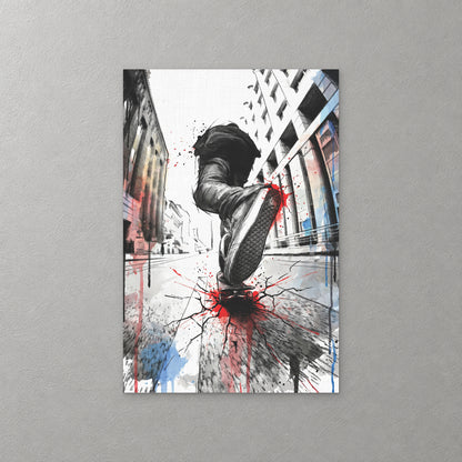 A skateboarder seen from below lands a trick on a city street, the sneaker sole close up and the pavement cracking in red and black splatter — canvas wall art print