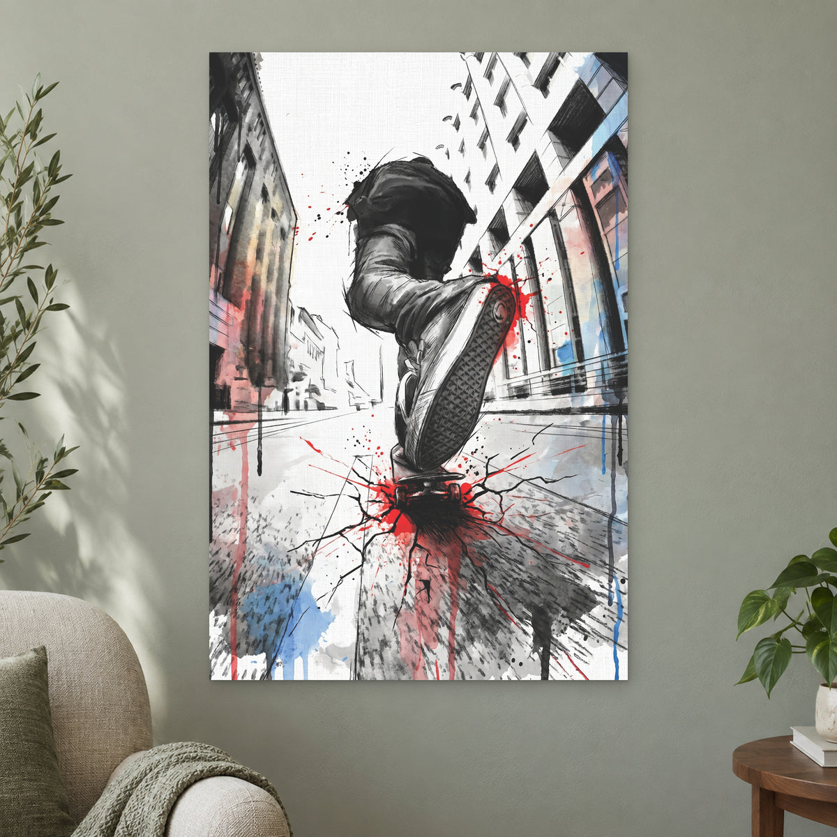 Skateboard Street Trick canvas wall art on a sage green wall beside a cream armchair