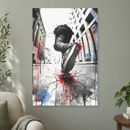 Skateboard Street Trick canvas wall art on a sage green wall beside a cream armchair