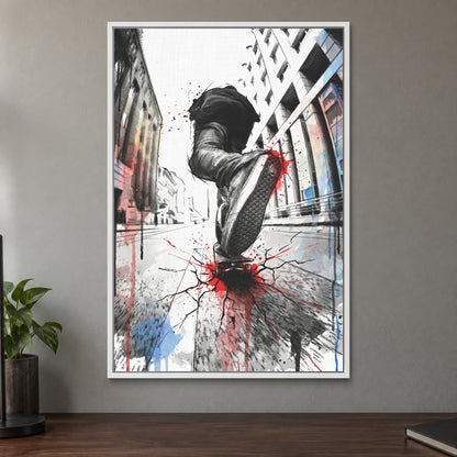 Skateboard Street Trick framed canvas in a white floating frame on a taupe wall above a dark walnut sideboard with a potted plant