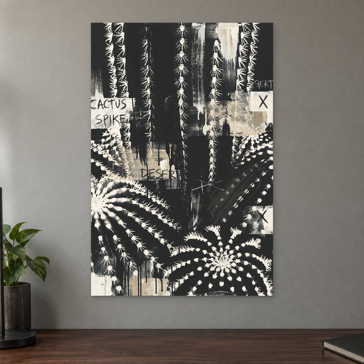 Black and White Cactus Desert canvas wall art on a taupe wall above a dark walnut sideboard with a potted plant
