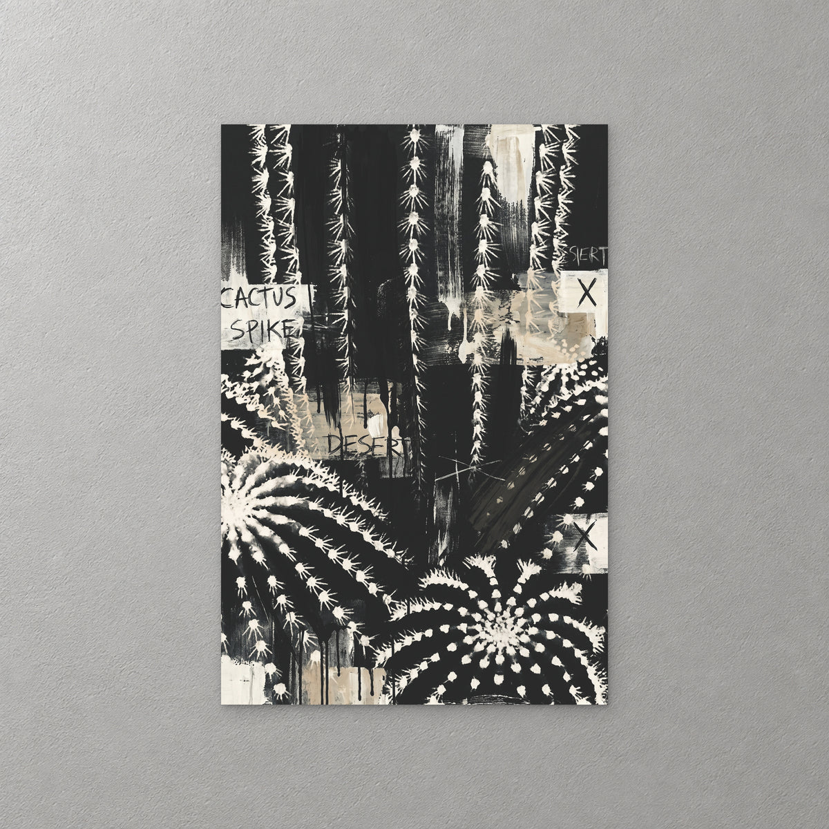 Black and white cacti fill the frame, spiny columns and round barrels among cream patches with the words cactus, spike and desert scrawled in black — canvas wall art print