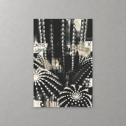 Black and white cacti fill the frame, spiny columns and round barrels among cream patches with the words cactus, spike and desert scrawled in black — canvas wall art print