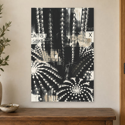 Black and White Cactus Desert canvas wall art on a cream wall above a wooden sideboard beside a door frame