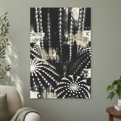 Black and White Cactus Desert canvas wall art on a sage green wall beside a cream armchair