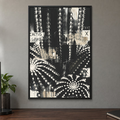 Black and White Cactus Desert framed canvas in a black floating frame on a taupe wall above a dark walnut sideboard with a potted plant