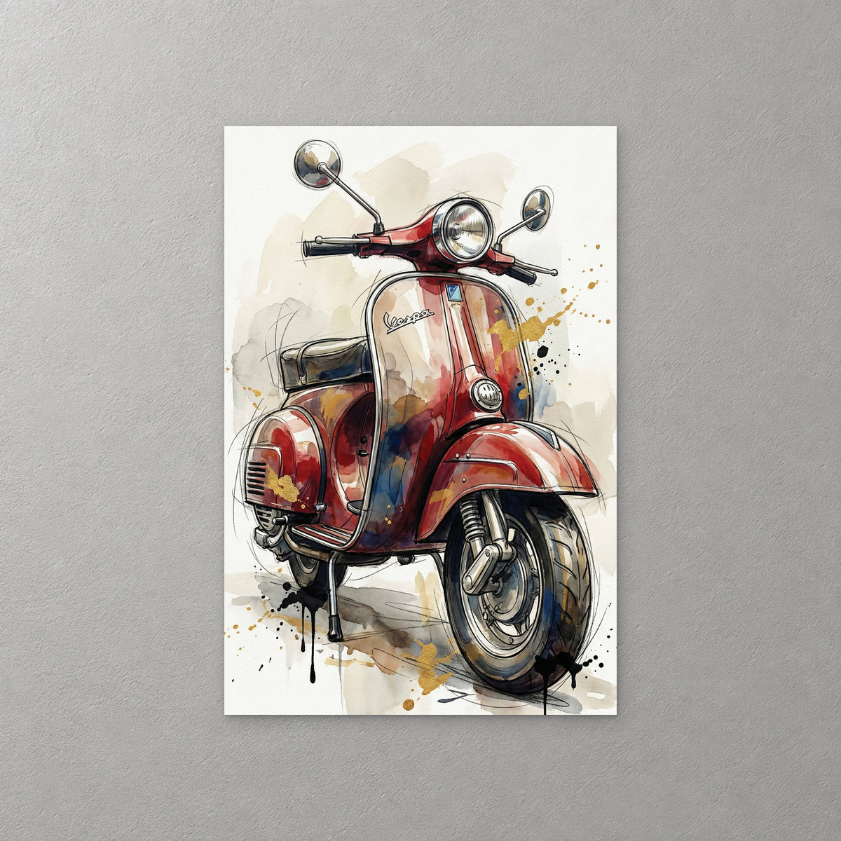 A red Vespa scooter with chrome mirrors and a round headlight, sketched in black ink with washes of red, navy and gold and drips at the base — canvas wall art print