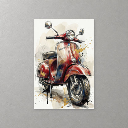 A red Vespa scooter with chrome mirrors and a round headlight, sketched in black ink with washes of red, navy and gold and drips at the base — canvas wall art print
