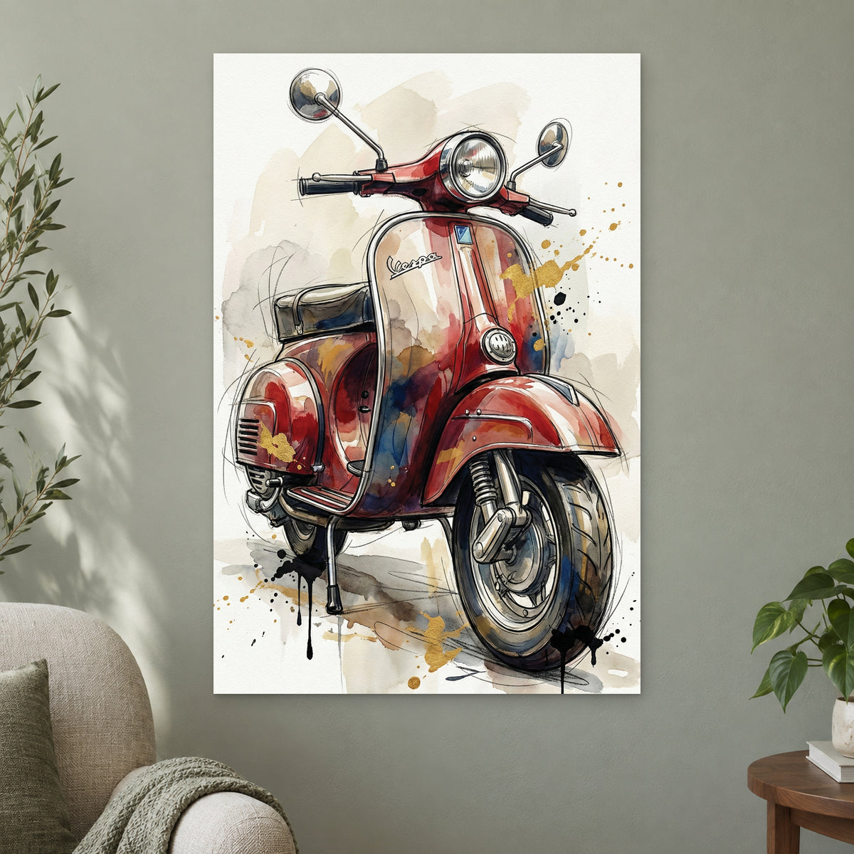 Vespa Scooter Red Sketch canvas wall art on a sage green wall beside a cream armchair