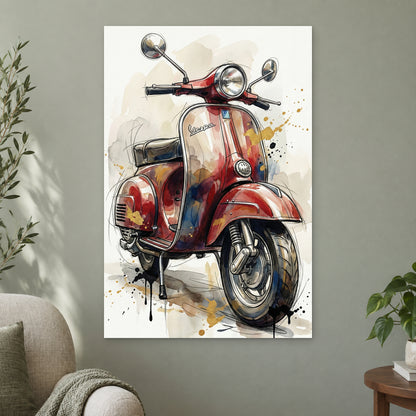 Vespa Scooter Red Sketch canvas wall art on a sage green wall beside a cream armchair