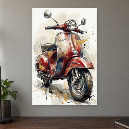 Vespa Scooter Red Sketch canvas wall art on a taupe wall above a dark walnut sideboard with a potted plant