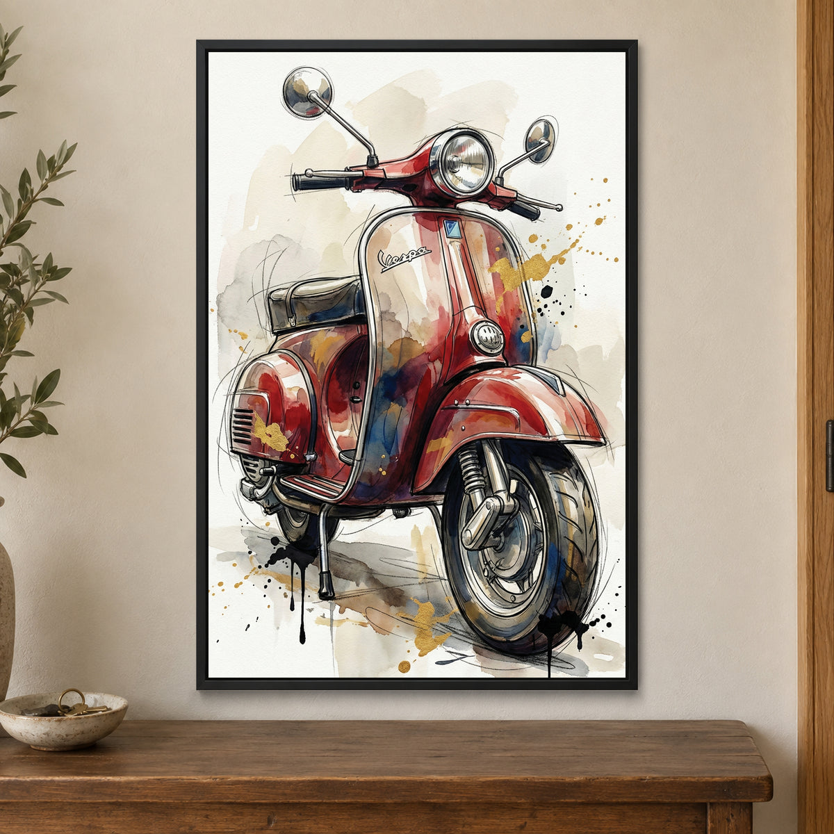 Vespa Scooter Red Sketch framed canvas in a black floating frame on a cream wall above a wooden sideboard beside a door frame
