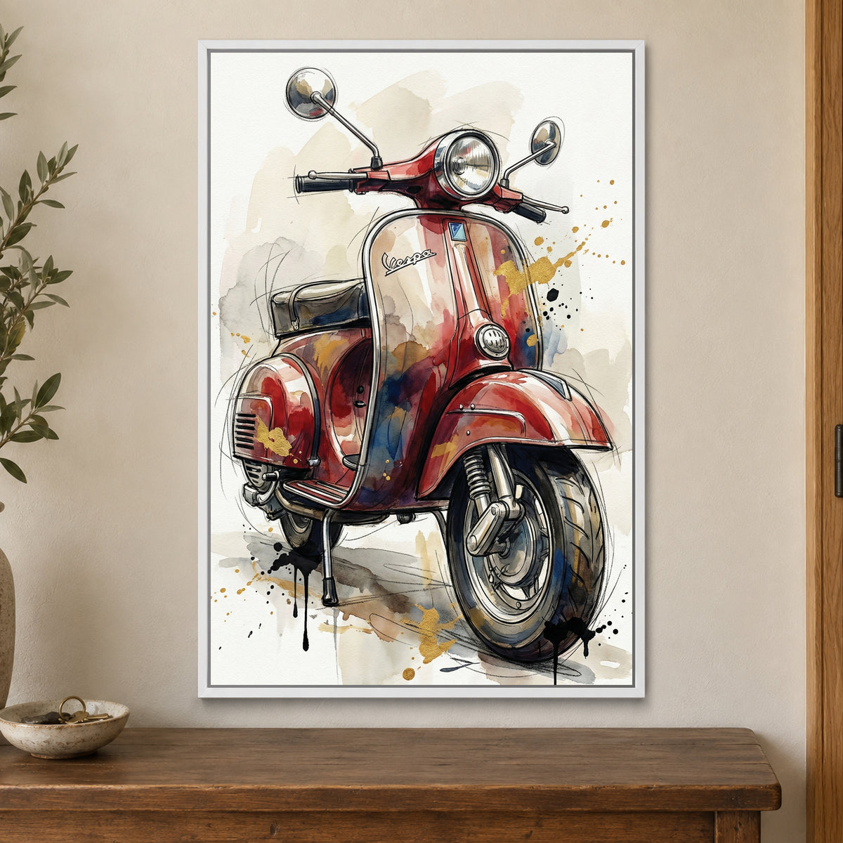 Vespa Scooter Red Sketch framed canvas in a white floating frame on a cream wall above a wooden sideboard beside a door frame