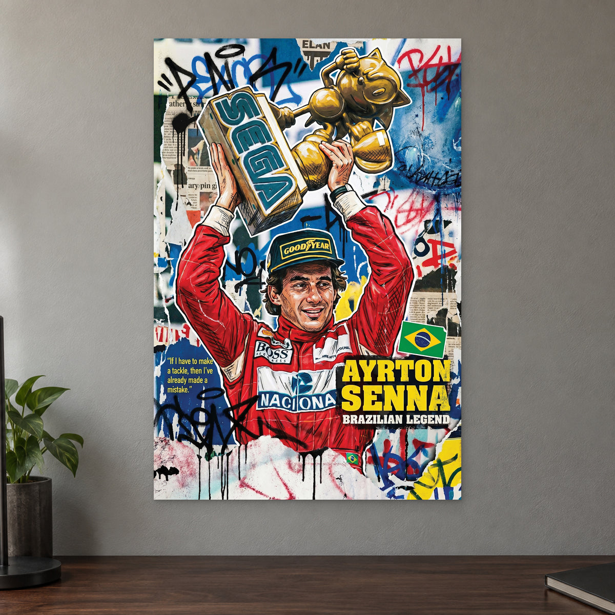 Ayrton Senna Trophy Pop Art canvas wall art on a taupe wall above a dark walnut sideboard with a potted plant