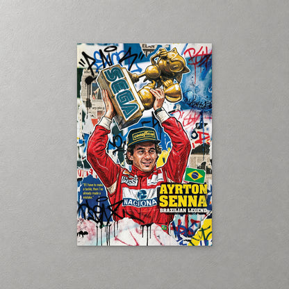 Ayrton Senna in his red racing suit and cap lifts a gold trophy over his head, surrounded by graffiti, newsprint and a Brazilian flag, with his name in yellow — canvas wall art print