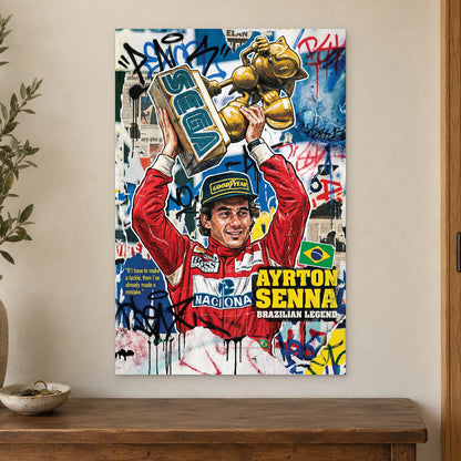 Ayrton Senna Trophy Pop Art canvas wall art on a cream wall above a wooden sideboard beside a door frame