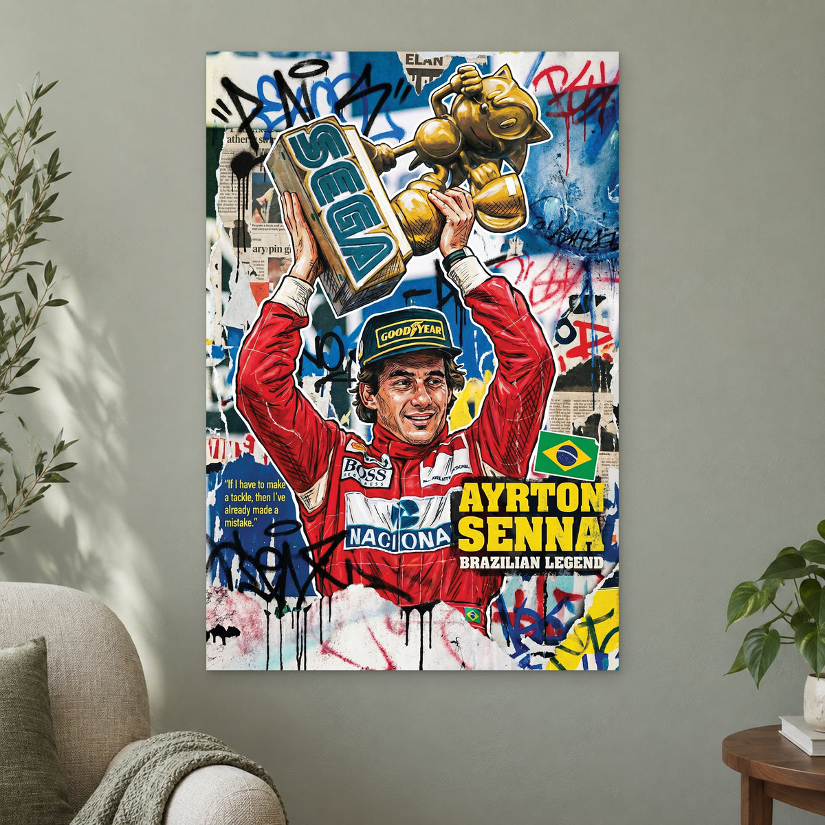 Ayrton Senna Trophy Pop Art canvas wall art on a sage green wall beside a cream armchair