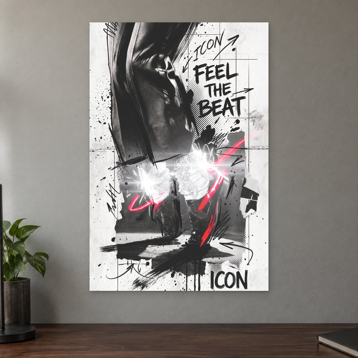 Michael Jackson Icon Loafers canvas wall art on a taupe wall above a dark walnut sideboard with a potted plant