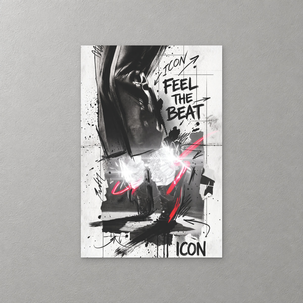 A pair of black loafers and white glittering socks mid-step under the words Feel The Beat and Icon, in black ink with a neon pink streak — canvas wall art print