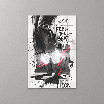 A pair of black loafers and white glittering socks mid-step under the words Feel The Beat and Icon, in black ink with a neon pink streak — canvas wall art print