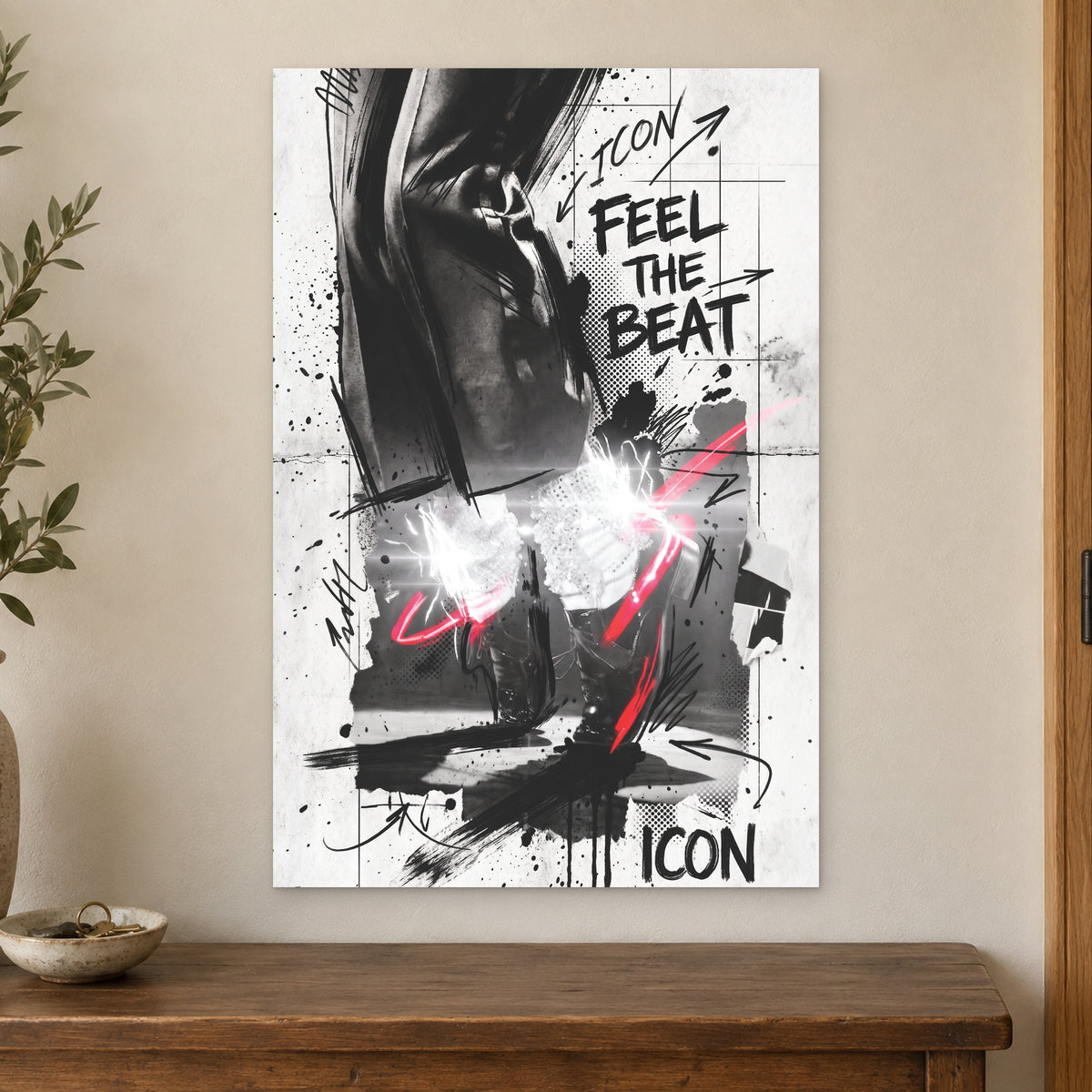 Michael Jackson Icon Loafers canvas wall art on a cream wall above a wooden sideboard beside a door frame