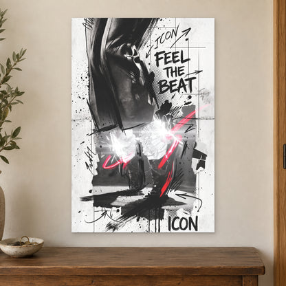Michael Jackson Icon Loafers canvas wall art on a cream wall above a wooden sideboard beside a door frame