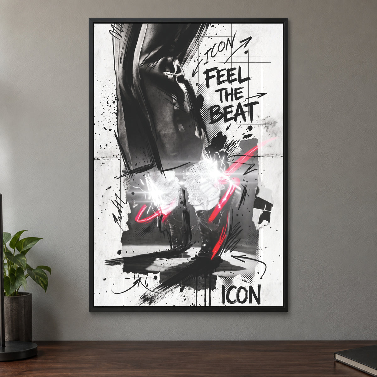 Michael Jackson Icon Loafers framed canvas in a black floating frame on a taupe wall above a dark walnut sideboard with a potted plant