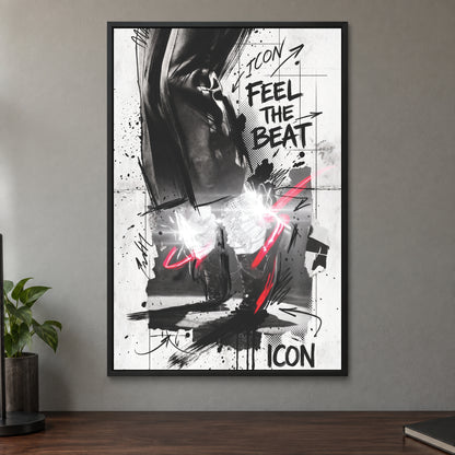 Michael Jackson Icon Loafers framed canvas in a black floating frame on a taupe wall above a dark walnut sideboard with a potted plant