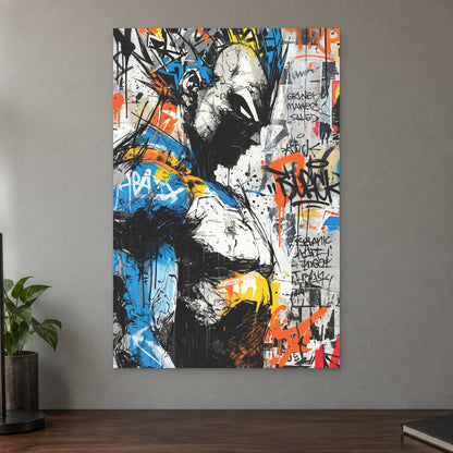 Vegeta Blue Armour Profile canvas wall art on a taupe wall above a dark walnut sideboard with a potted plant