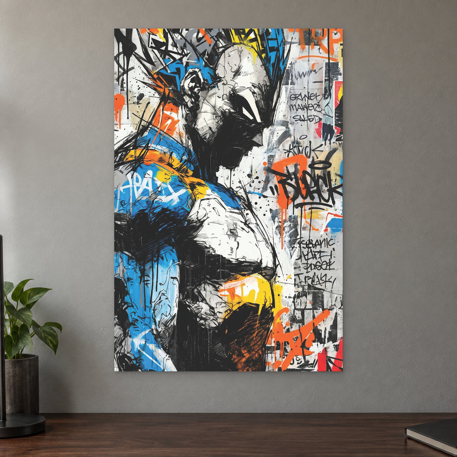 Vegeta Blue Armour Profile canvas wall art on a taupe wall above a dark walnut sideboard with a potted plant
