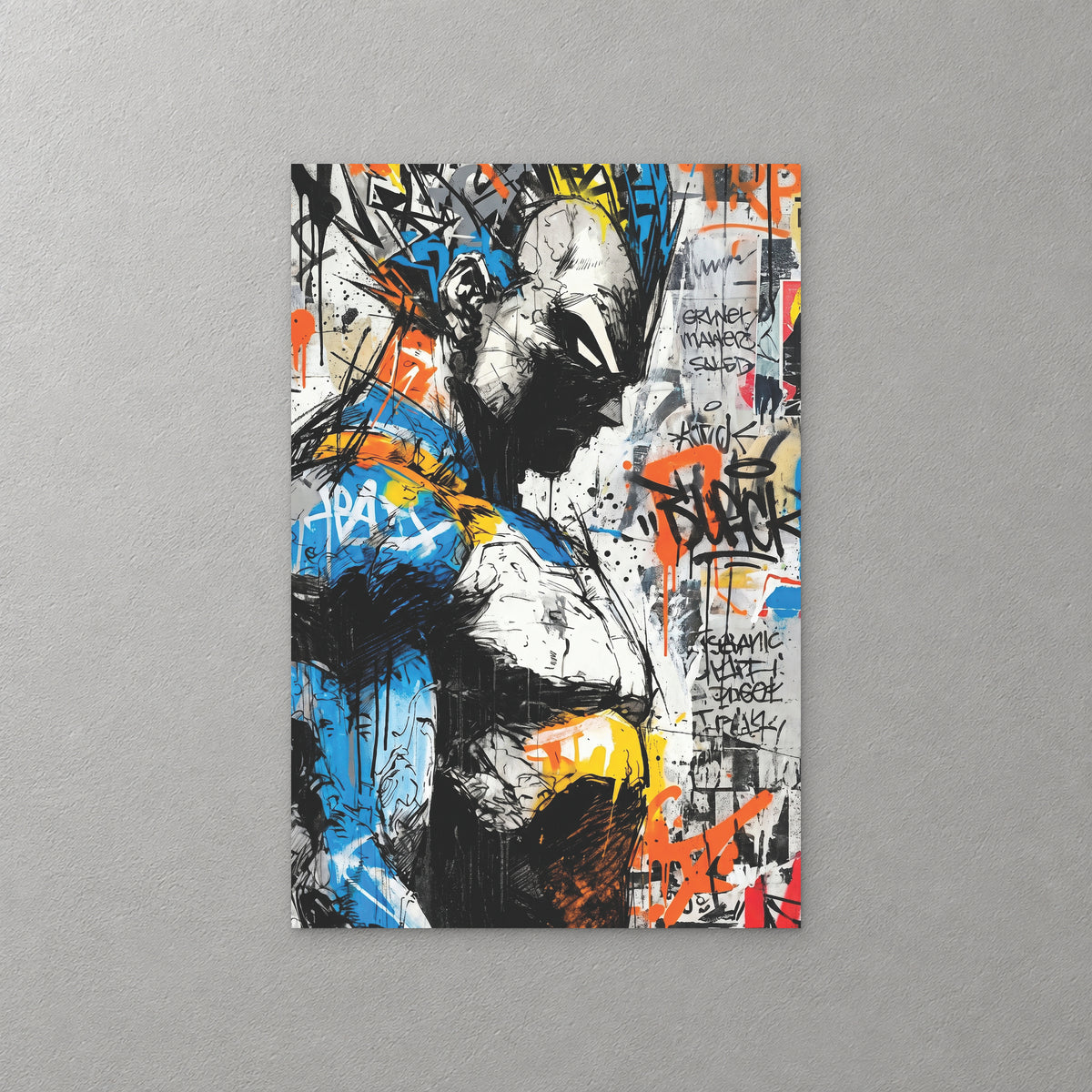 Vegeta in profile with his head bowed, drawn in black and white with blue and orange armour against a wall of graffiti tags — canvas wall art print